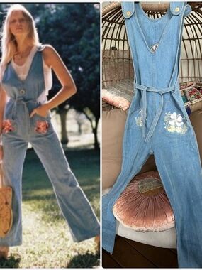 Chasing Unicorns Light Blue Denim Floral Embroidered Overalls